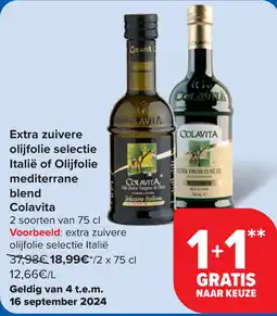 Carrefour Extra zuivere olijfolie selectie Italië of Olijfolie mediterrane blend Colavita aanbieding