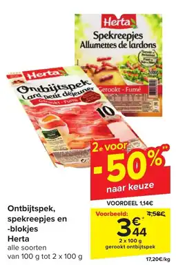 Carrefour Ontbijtspek, spekreepjes en -blokjes Herta aanbieding