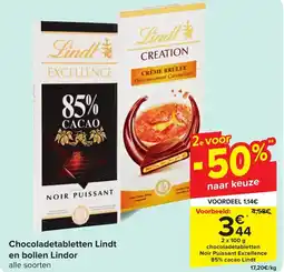 Carrefour Chocoladetabletten Lindt en bollen Lindor aanbieding