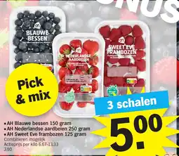 Albert Heijn AH Blauwe bessen, AH Nederlandse aardbeien, AH Sweet Eve frambozen aanbieding