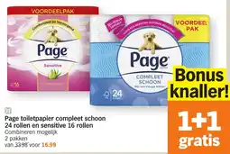 Albert Heijn Page toiletpapier compleet schoon 24 rollen en sensitive 16 rollen aanbieding