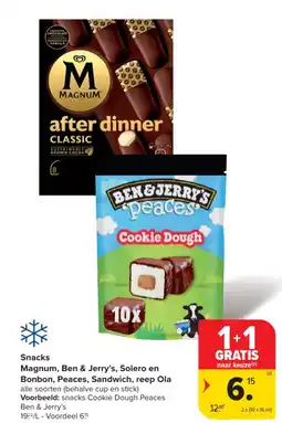 Carrefour Snacks Magnum, Ben & Jerry's, Solero en Bonbon, Peaces, Sandwich, reep Ola aanbieding