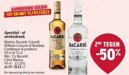 Delhaize Martini, Bacardi, Eristoff, William Lawson of Bombay aanbieding