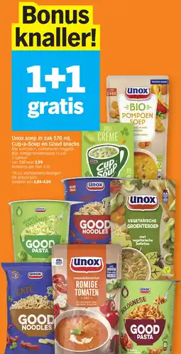 Albert Heijn Unox soep in zak 570 ml, Cup-a-Soup en Good snacks aanbieding