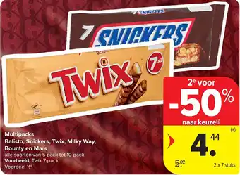 Carrefour Multipacks Balisto, Snickers, Twix, Milky Way, Bounty en Mars aanbieding