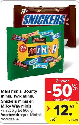 Carrefour Mars minis, Bounty minis, Twix minis, Snickers minis en Milky Way minis aanbieding