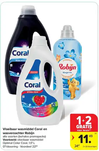 Carrefour Vloeibaar wasmiddel Coral en wasverzachter Robijn aanbieding
