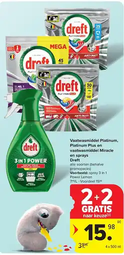 Carrefour Vaatwasmiddel Platinum, Platinum Plus en vaatwasmiddel Miracle en sprays Dreft aanbieding