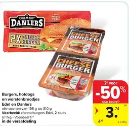 Carrefour Burgers, hotdogs en worstenbroodjes Edel en Danlers aanbieding