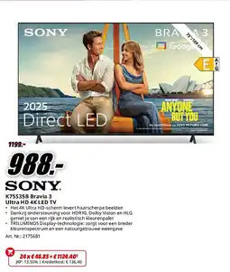 MediaMarkt Sony K75S35B Bravia 3 Ultra HD 4K LED TV aanbieding