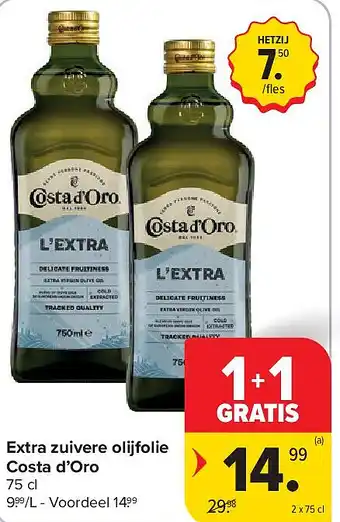 Carrefour Extra zuivere olijfolie Costa d’Oro aanbieding