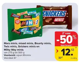 Carrefour Mars minis, mixed minis, Bounty minis, Twix minis, Snickers minis en Milky Way minis aanbieding