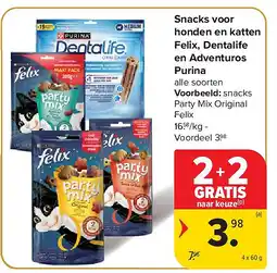 Carrefour Snacks voor honden en katten Felix, Dentalife en Adventuros Purina aanbieding