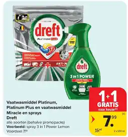 Carrefour Vaatwasmiddel Platinum, Platinum Plus en vaatwasmiddel Miracle en sprays Dreft aanbieding