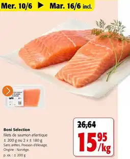 Colruyt Boni Selection filets de saumon atlantique ± 200 g ou 2 x ± 180 g aanbieding