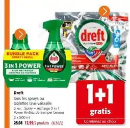Colruyt Dreft Spray + recharge 3 in 1 Power Arrêtez de tremper Lemon 2 x 500 ml aanbieding