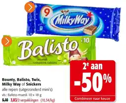 Colruyt Bounty, Balisto, Twix, Milky Way of Snickers aanbieding