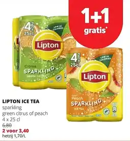 Spar LIPTON ICE TEA sparkling green citrus of peach 4 x 25 cl aanbieding