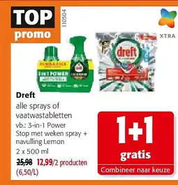 Colruyt Dreft 3-in-1 Power Stop met weken spray + navulling Lemon 2 x 500 ml aanbieding
