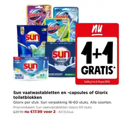 Jumbo Sun vaatwastabletten en -capsules of Glorix toiletblokken aanbieding