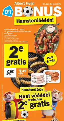Albert Heijn AH Boerenworst 3 stuks en gemarineerde kipdrumsticks 600 gram aanbieding