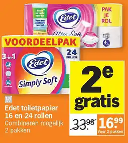 Albert Heijn Edet toiletpapier 16 en 24 rollen aanbieding