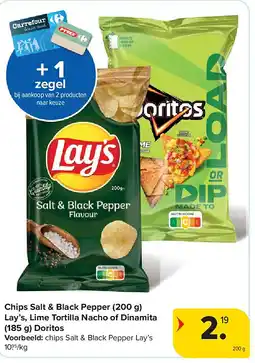 Carrefour Chips Salt & Black Pepper (200 g) Lay’s, Lime Tortilla Nacho of Dinamita (185 g) Doritos aanbieding