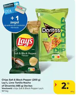 Carrefour Chips Salt & Black Pepper (200 g) Lay’s, Lime Tortilla Nacho of Dinamita (185 g) Doritos aanbieding