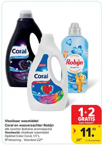 Carrefour Vloeibaar wasmiddel Coral en wasverzachter Robijn aanbieding