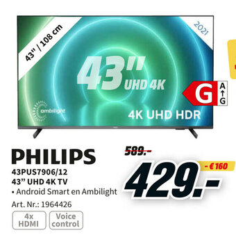 MediaMarkt Philips 43PUS7906/12 43"UHD 4K TV aanbieding
