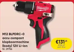 Toolstation Milwaukee M12 BLPDRC-0 accu compact klopboormachine (body) 12V Li-ion aanbieding