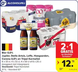 Carrefour Bier 0,0% Jupiler, Stella Artois, Leffe, Hoegaarden, Corona 0,0% en Tripel Karmeliet aanbieding