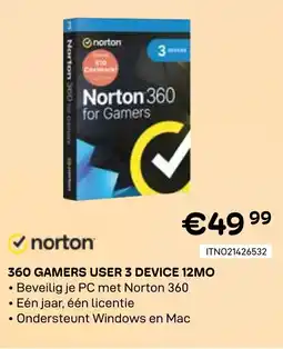 CompuDeals Norton 360 Gamers User 3 Device 12MO aanbieding