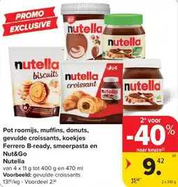 Carrefour Pot roomijs, muffins, donuts, gevulde croissants, koekjes Ferrero B-ready, smeerpasta en Nut&Go Nutella aanbieding