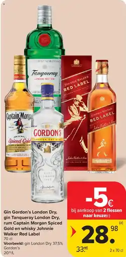 Carrefour Gin gordon's london dry, gin tanqueray london dry, rum captain morgan spiced gold en whisky johnnie walker red label aanbieding