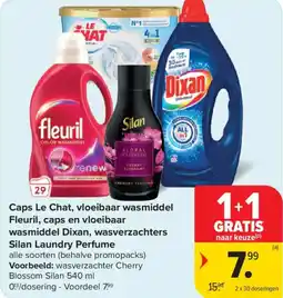Carrefour Caps le chat, vloeibaar wasmiddel fleuril, caps en vloeibaar wasmiddel dixan, wasverzachters silan laundry perfume aanbieding
