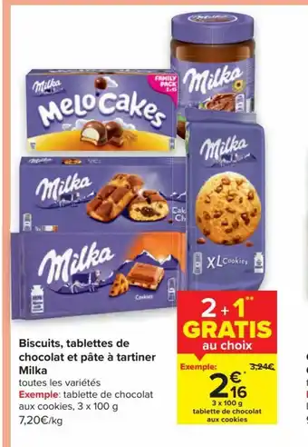 Carrefour Market Biscuits, tablettes de chocolat et pate a tartiner Milka 3 x 100 g aanbieding