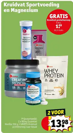 Kruidvat 2 x Whey Essential Vanilla + GRATIS Kruidvat proteinereep naar keuze aanbieding