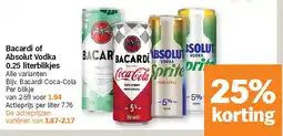 Albert Heijn Bacardi of Absolut Vodka 0.25 literblikjes aanbieding