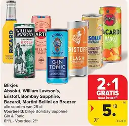 Carrefour Blikjes Absolut, William Lawson’s, Eristo , Bombay Sapphire, Bacardi, Martini Bellini en Breezer aanbieding