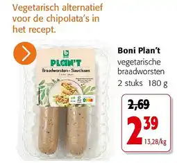 Colruyt Boni Plan’t vegetarische braadworsten 2 stuks aanbieding