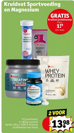 Kruidvat 2 x Whey Essential Vanilla + GRATIS Kruidvat proteinereep naar keuze aanbieding