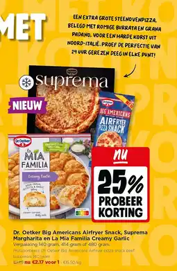 Jumbo Dr. Oetker Big Americans Airfryer Snack, Suprema Margharita en La Mia Familia Creamy Garlic aanbieding