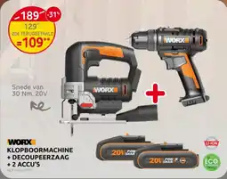 Brico Worx Klopboormachine + Decoupeerzaag + 2 Accu's aanbieding