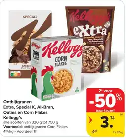 Carrefour Market Ontbijtgranen extra, special k, all-bran, oaties en corn flakes kellogg's aanbieding