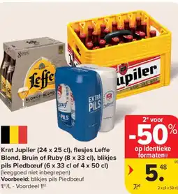 Carrefour Market Krat jupiler flesjes leffe blond, bruin of ruby , blikjes pils piedboeuf aanbieding