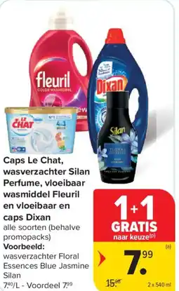 Carrefour Market Caps le chat, wasverzachter silan perfume, vloeibaar wasmiddel fleuril en vloeibaar en caps dixan aanbieding
