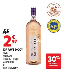 Auchan Igp Pays D'oc HVE Merlot Rosé ou Rouge Grand Sud aanbieding