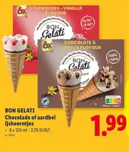 Lidl BON GELATI Chocolade of aardbei ijshoorntjes aanbieding