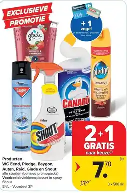 Carrefour Producten WC Eend, Pledge, Baygon, Autan, Raid, Glade en Shout aanbieding